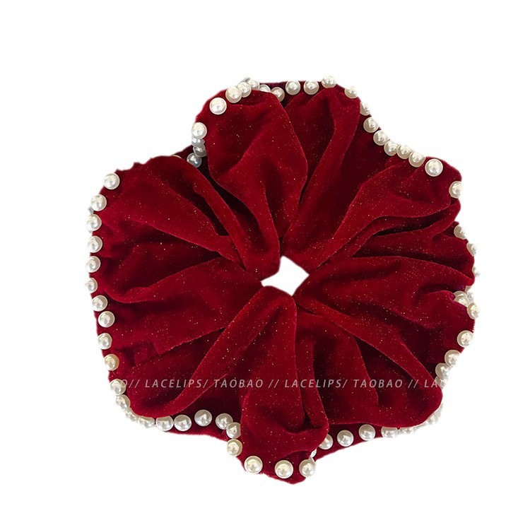 Ankela red velvet Heavy Industry pearl Large Intestine hair tie Headband for women, high-end style, ponytail bun hair tie Item Picture