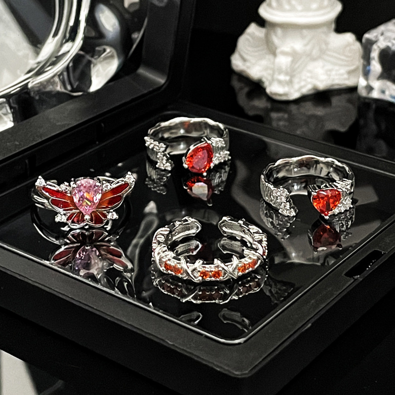 New Chinese-style red diamond open ring for women, sweet and cool style, ins cold style butterfly drip glaze style ring trend full figure