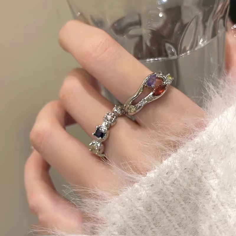 Sweet and cool colored zircon open ring for women, French exquisite layering, cold style adjustable ring, personalized index finger ring Application Scenario