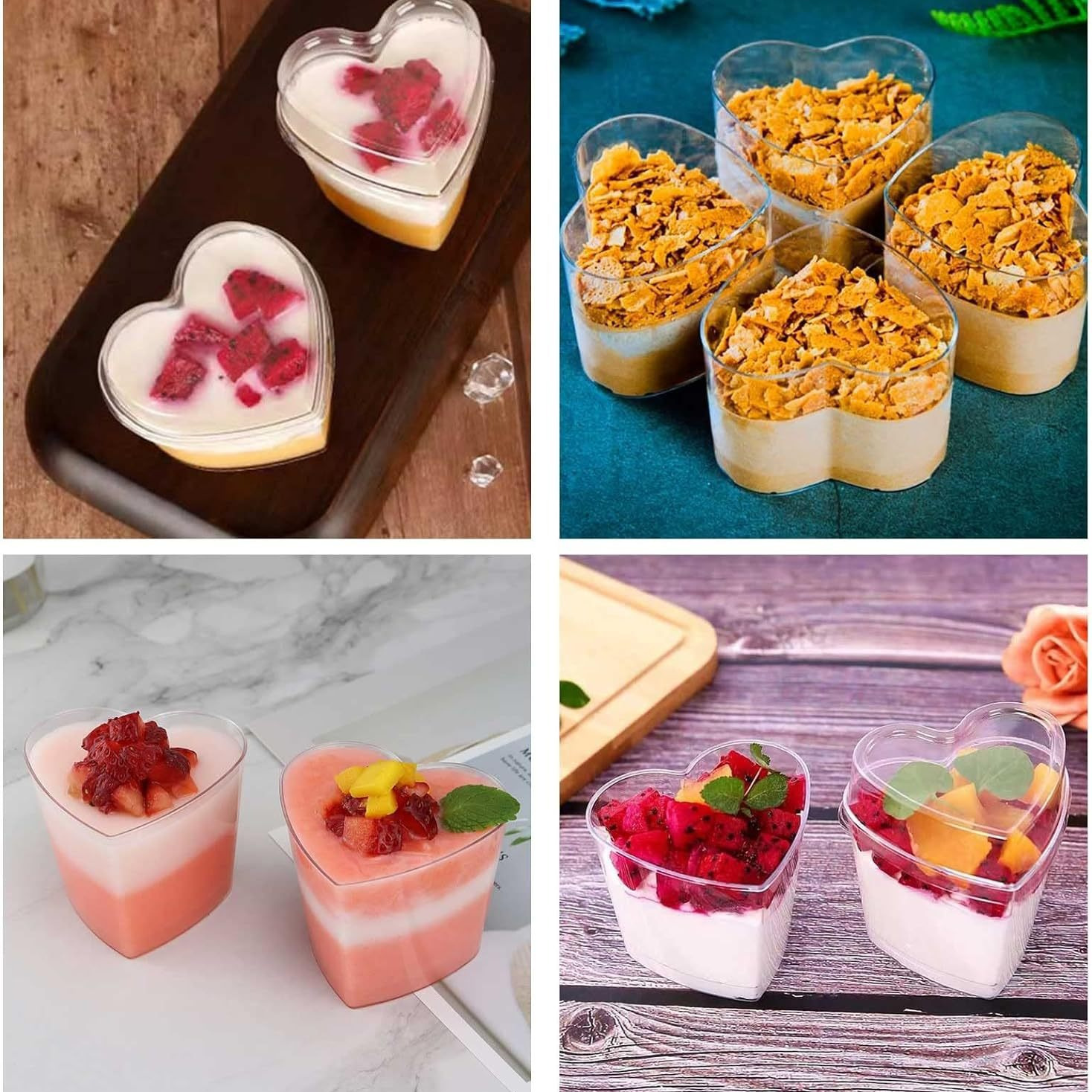 Wholesale 130ML disposable plastic dessert cups, heart-shaped mousse cups with LIDS, mini transparent pudding cups Application Scenario