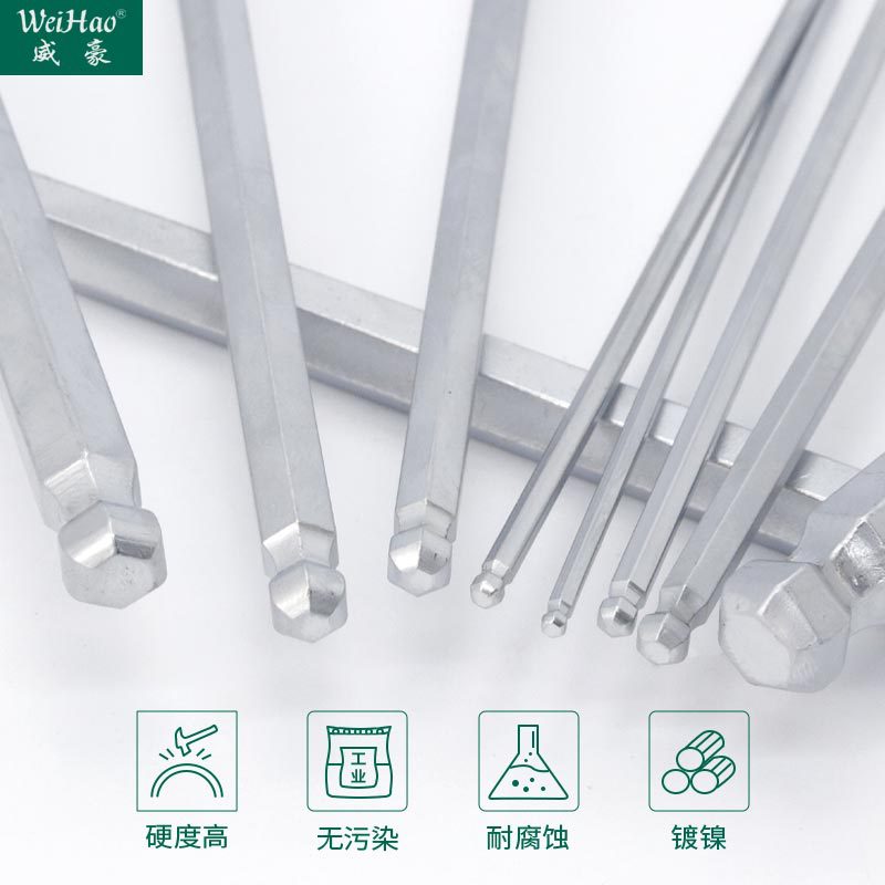 Weihao chrome-plated matte ball head hex socket wrench, extended round head, extra-long hexagonal socket wrench wholesale, single hex key Specification drawing