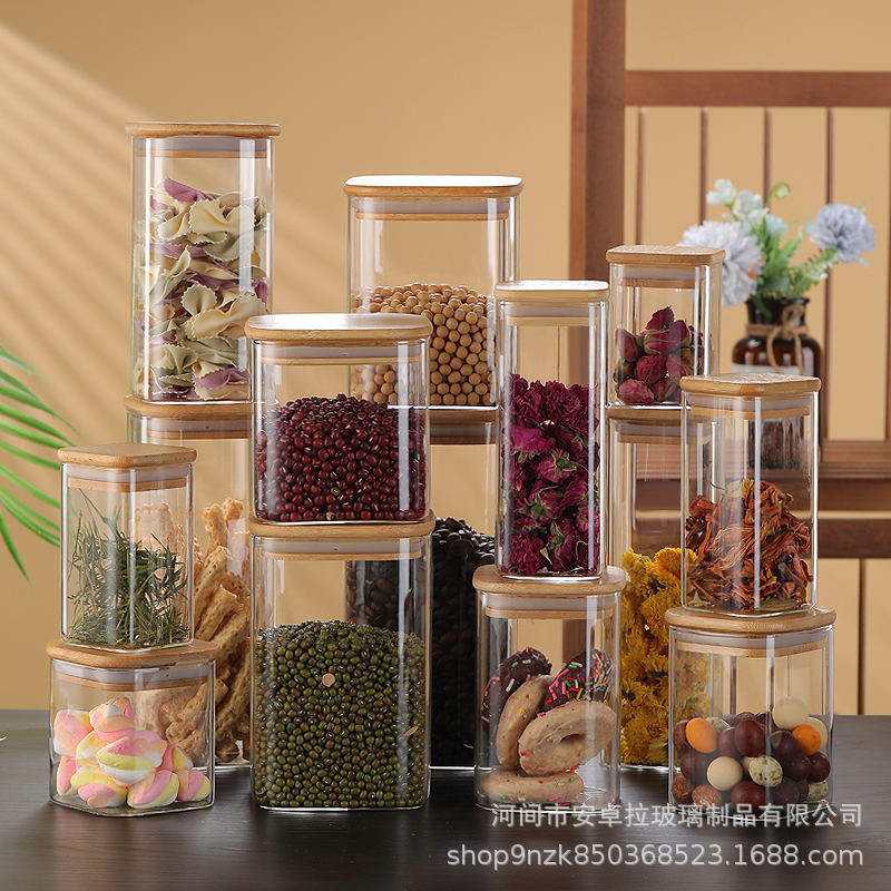 Produce square glass storage jars, sealed jars, storage bottles, kitchen candy jars, seasoning storage sealed tea jars full figure