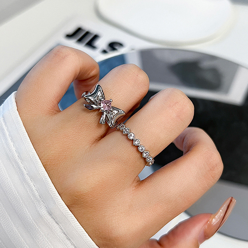Sweet and cool style, girlish pink diamond zircon bow open ring, a cold and cool style, niche and elegant food ring for women on Instagram details Picture