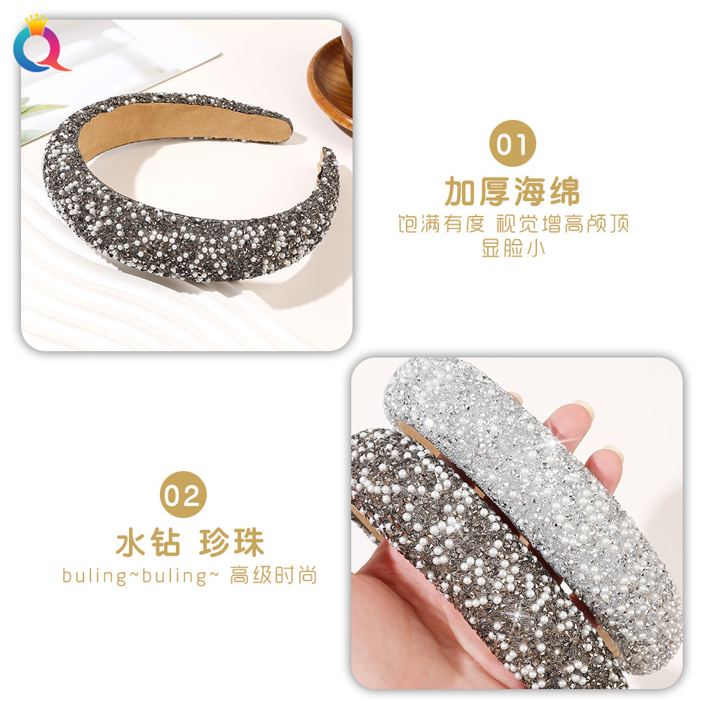 Qiyue Cross-border Sponge hairband, full diamond pearl, Korean-style super shiny, light luxury high headband, niche high-end hair accessory Specification drawing