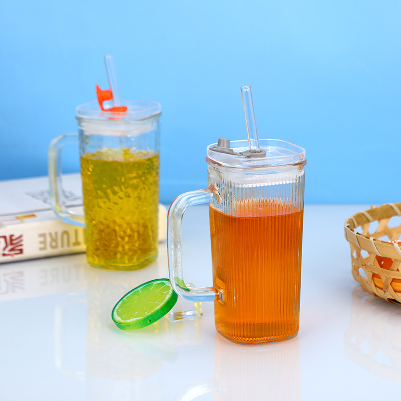 Simple and fashionable glass water cup with handle, vertical striped square glass water cup, straw cup, milk tea cup and beverage cup Application Scenario