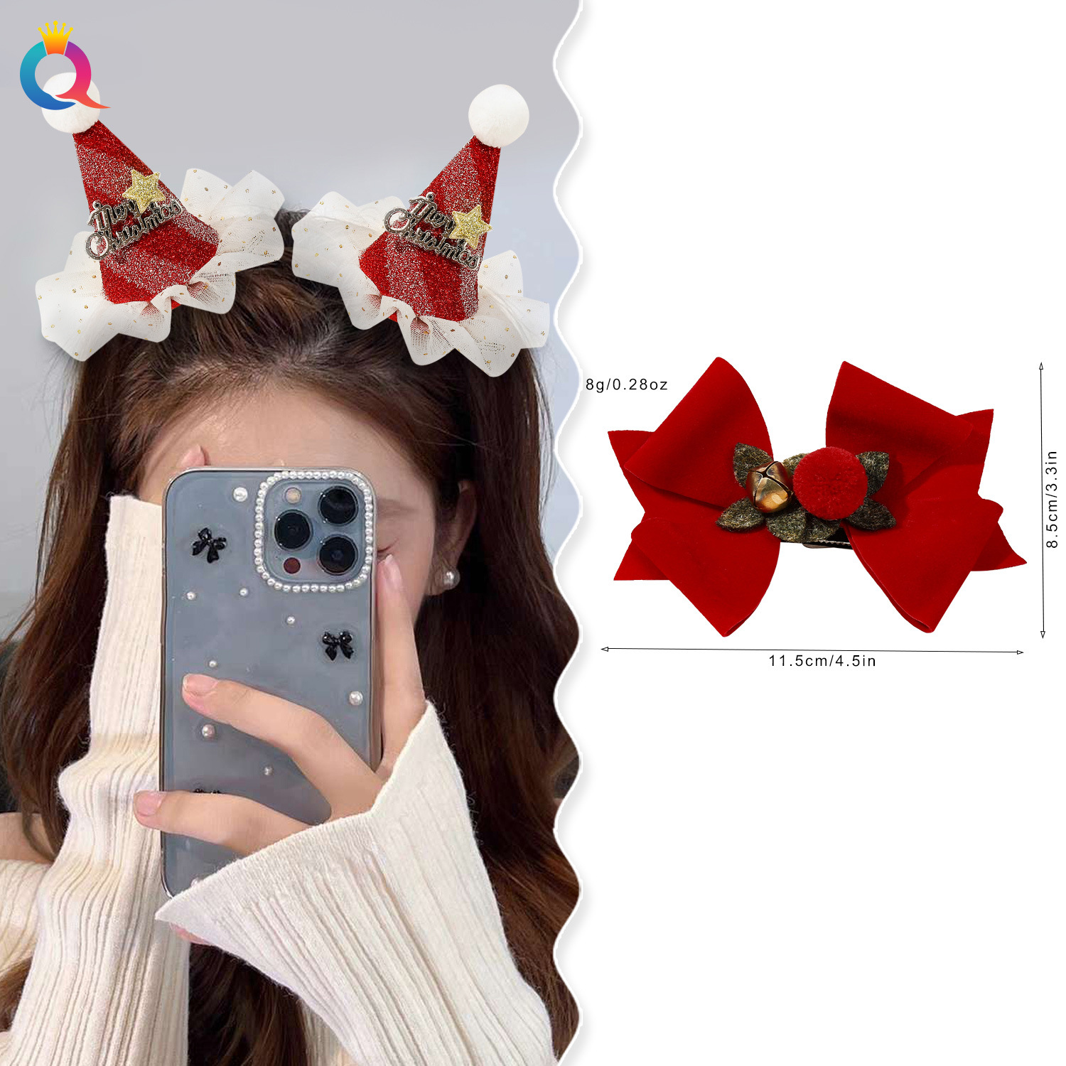 Qiyue Cross-border Christmas Bow Hairpins, cute female elk hairpins, side clips, duckbill clips, hair accessories wholesale details Picture