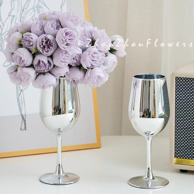 New silver goblets for home living room table decoration, silver glass goblets for vases full figure