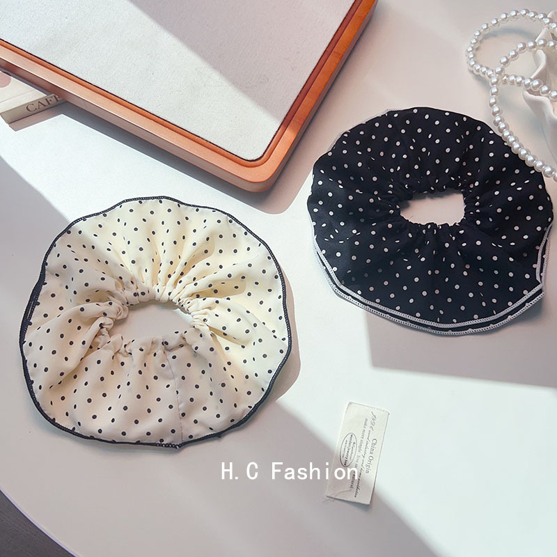 Large double-layer polka dot large intestine hair band, French style ponytail hair tie, wide fabric bun hair tie for women, headwear Specification drawing