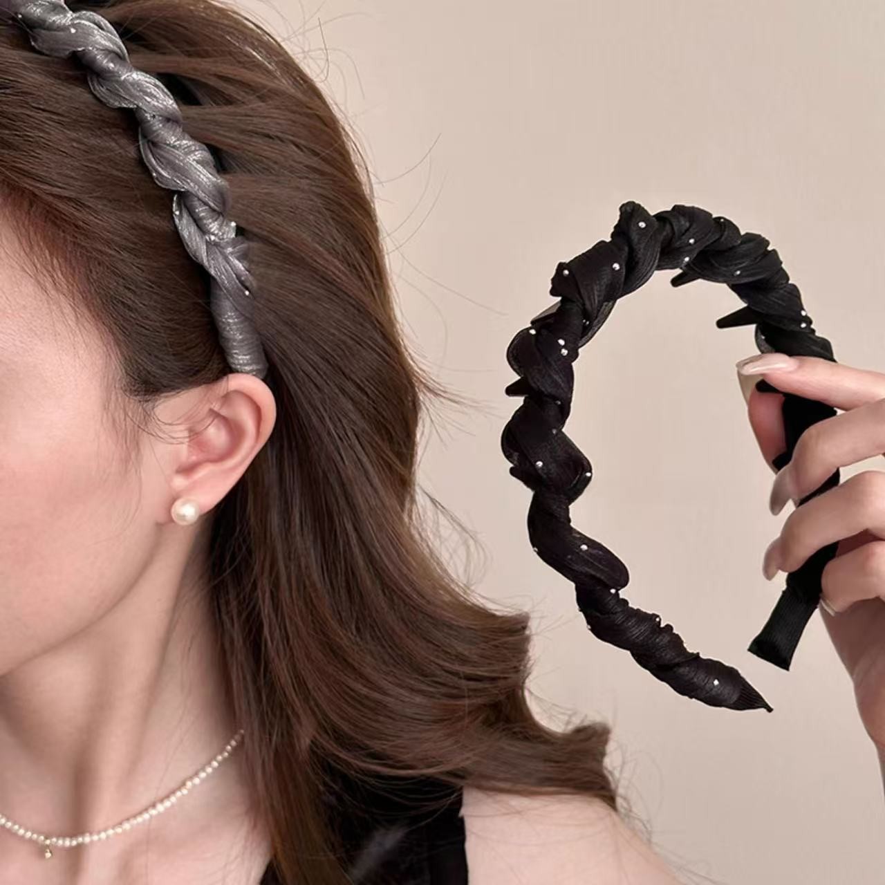 French polka dot ribbon braided hair band for women 2025 New high top wavy headband with hair clips and compression hair bundles Specification drawing