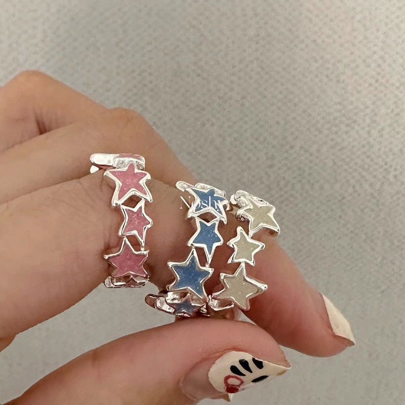 The blogger's same star-shaped multi-color glazed open ring, a versatile and cute Korean-style sweet and cool spice ring for women full figure