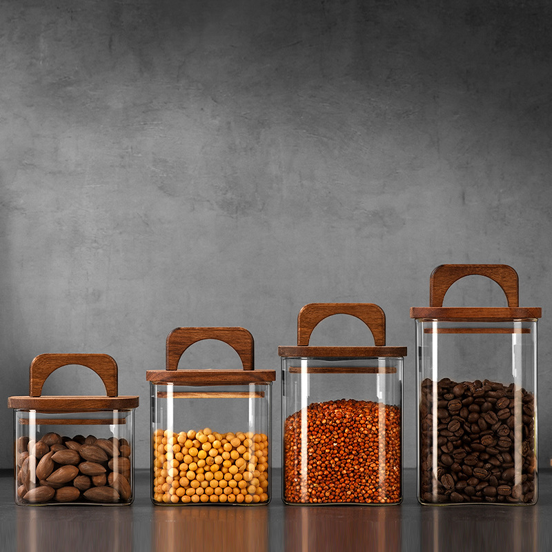 High borosilicate square glass bottle, food-grade storage jar for dried tangerine peel and coffee beans, tea sealed storage with wooden lid, storage jar Specification drawing