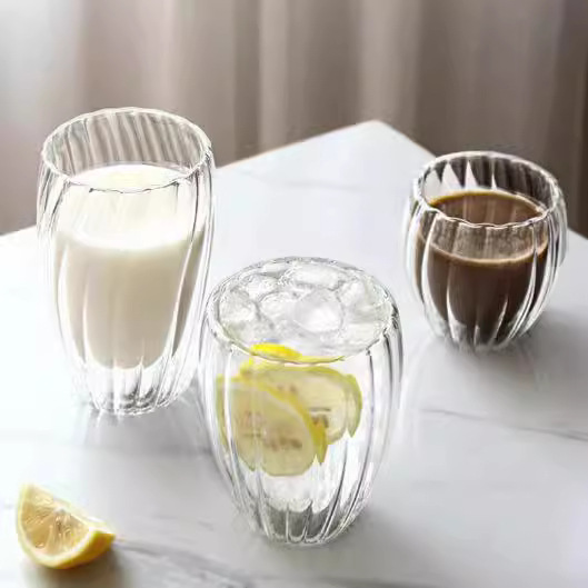 Striped water cup, high borosilicate glass vertical striped double-layer cup, household double-layer heat-insulating drinking cup, juice cup, beverage cup Specification drawing