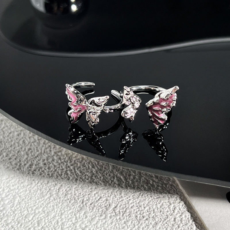 Irregular sweet and cool liquid texture pink drip glaze butterfly opening ring for women, simple, individual, fashionable and versatile ring Specification drawing