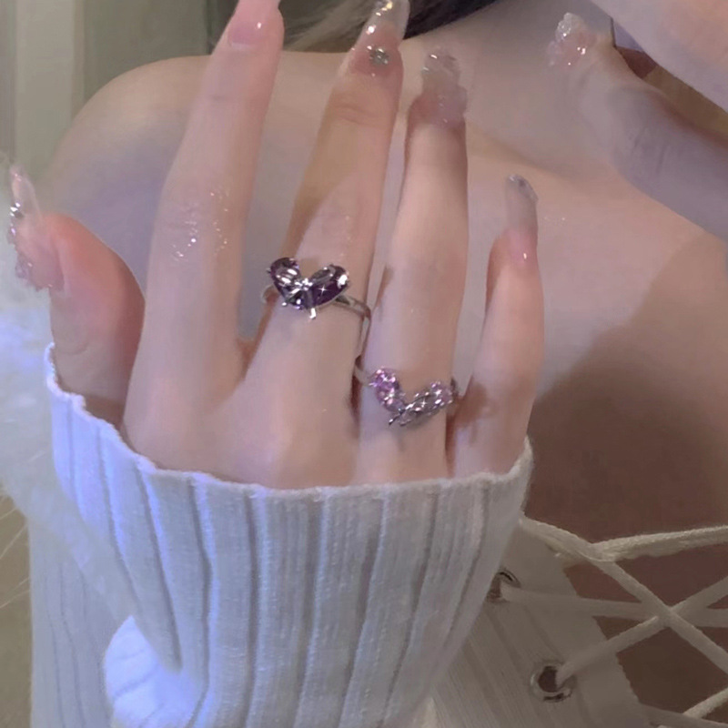 A Japanese and Korean style bow purple diamond zircon heart-shaped opening ring, a versatile and sweet cool fashion index finger ring for women details Picture