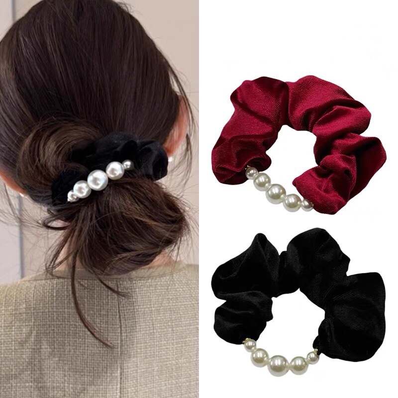 Korean-style bun, velvet beaded hair tie, retro gold style, low ponytail tie, elegant hair tie headwear full figure