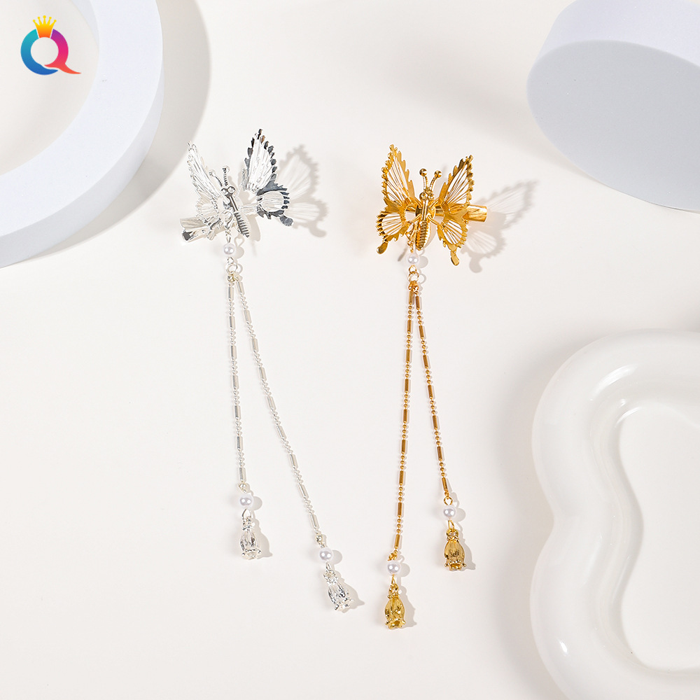 Qiyue Cross-border's moving butterfly flapping disc tassel hair clip, super ethereal three-dimensional metal grab clip, retro duckbill clip hair accessory full figure