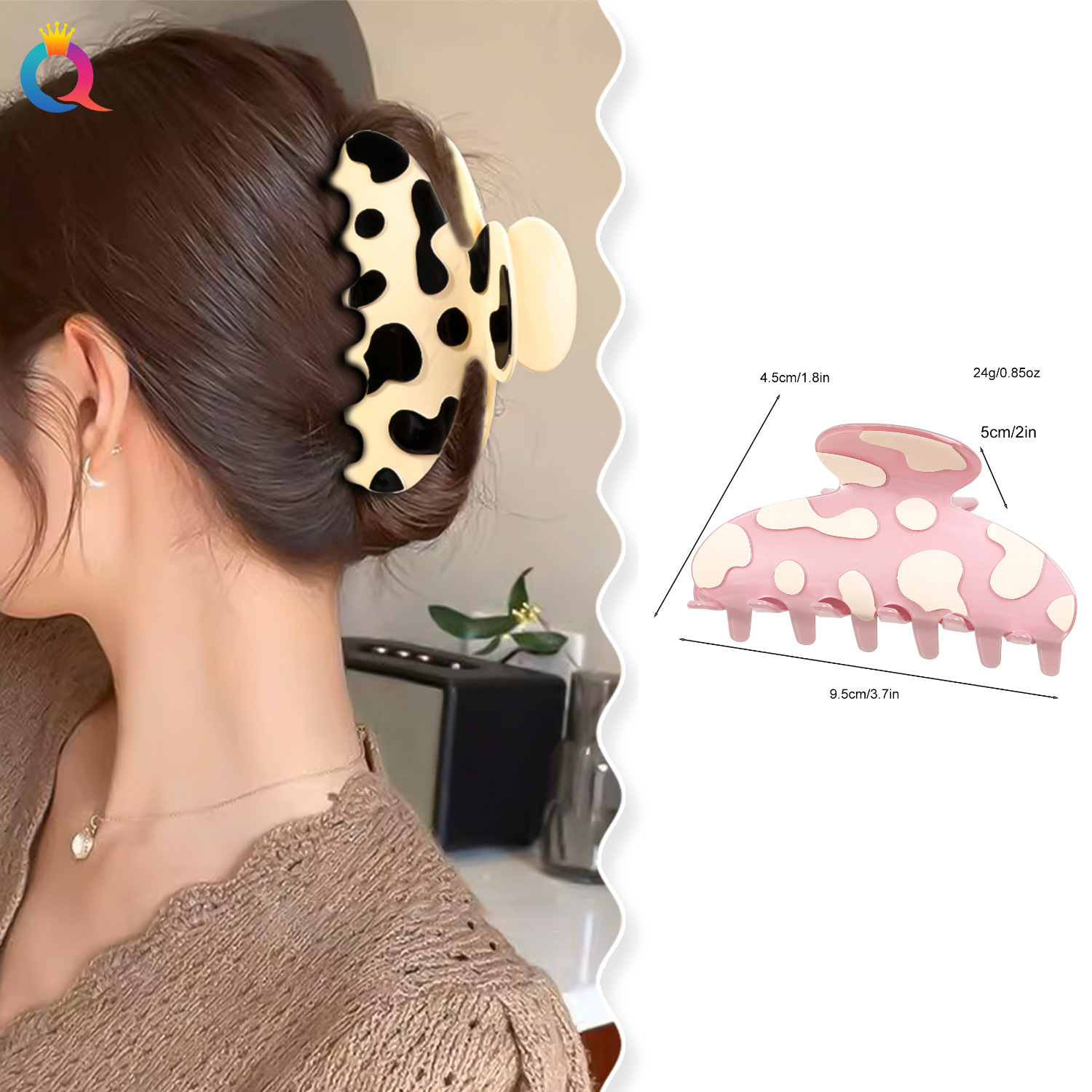 Qiyue imitation acetic acid hair clips, semi-round grab clips, fashionable shark clips, cow print hair clips, children's hair accessories and headwear wholesale details Picture