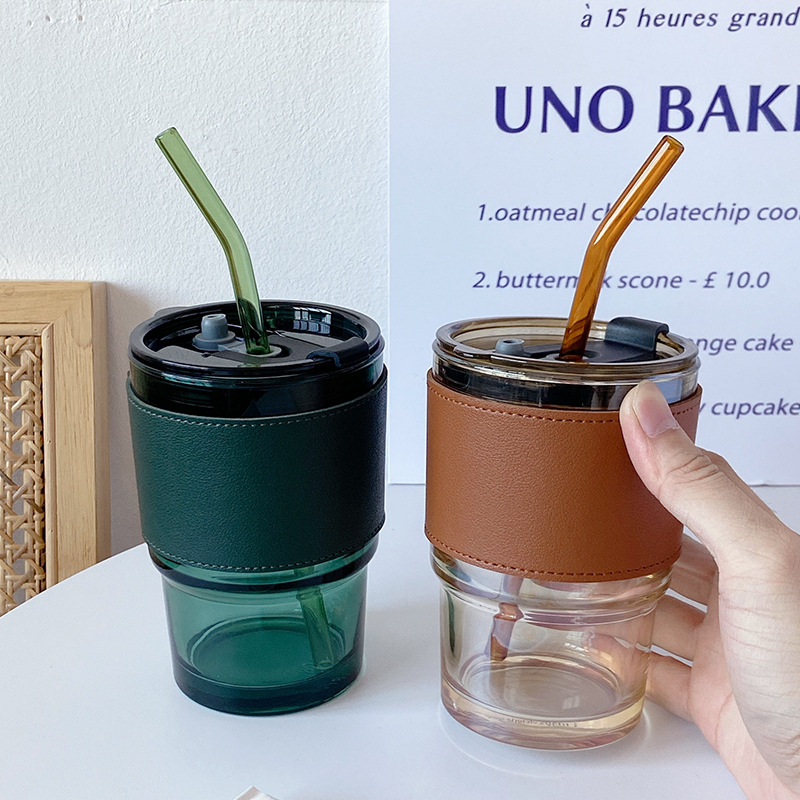 Bolimei high appearance level glass cups, straw cups, large-capacity cups, covered milk tea cups, student drinking cups full figure