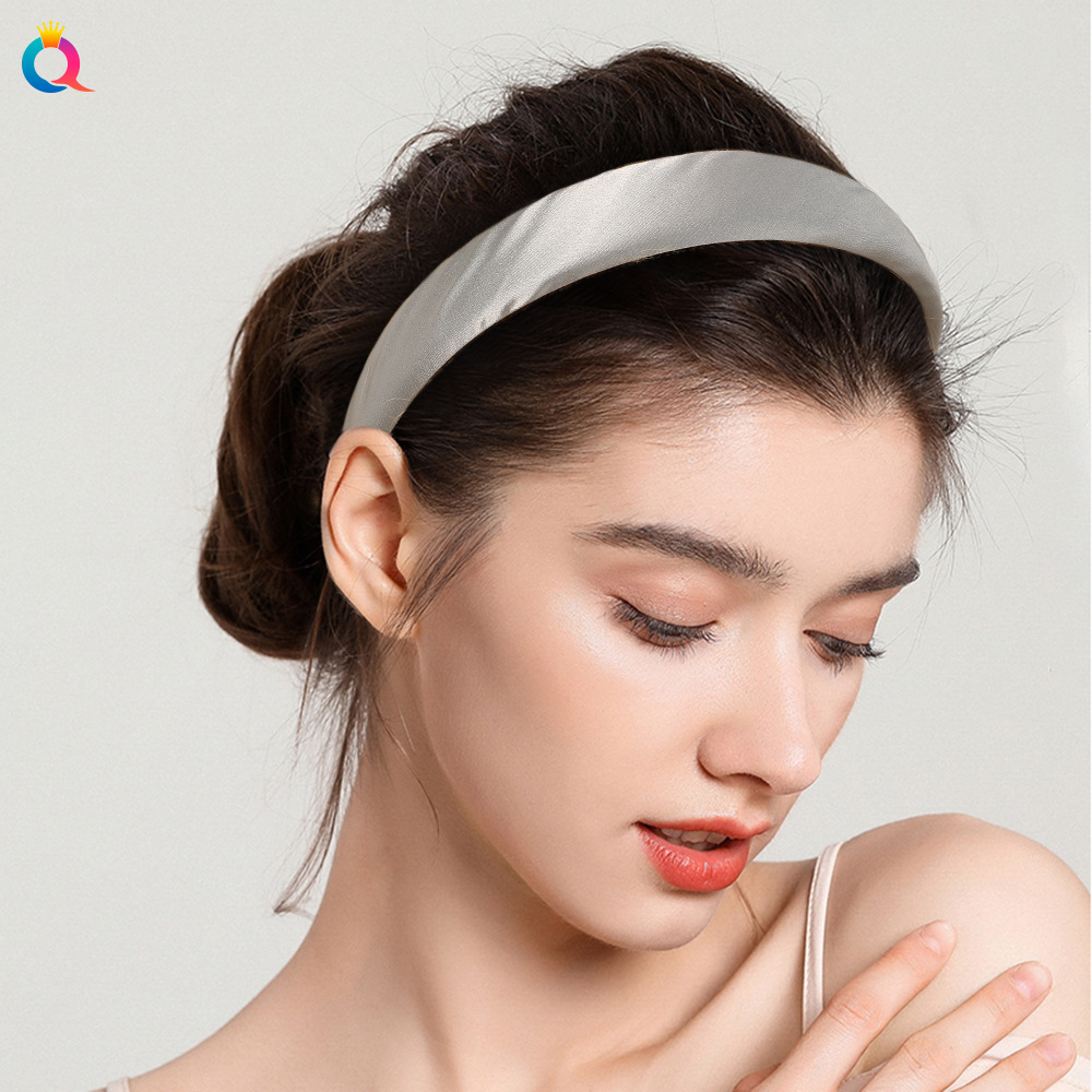 Qiyue 2021 European and American retro hairband color, sponge headband, solid color, lustrous satin, face washing, hair pressing, hair binding accessory for women details Picture