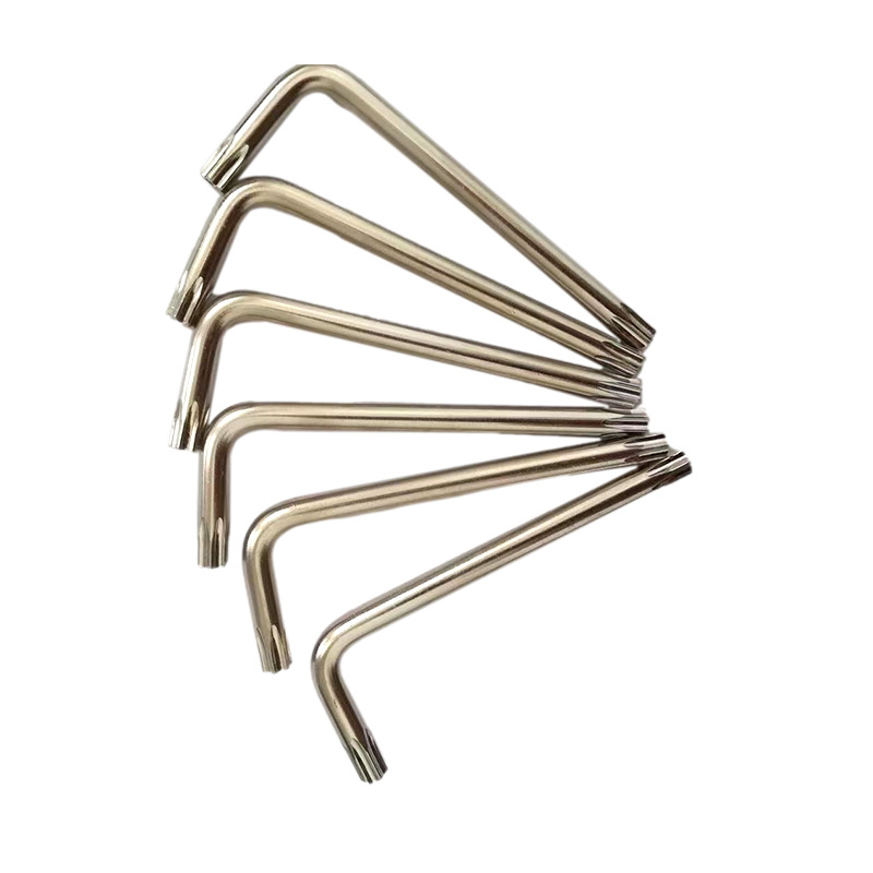 The best-selling plum blossom cross-shaped anti-theft wrench T10-T55 CRV features a six-flower star-shaped dual-purpose L-shaped wrench with six flower cores inside the middle hole Specification drawing