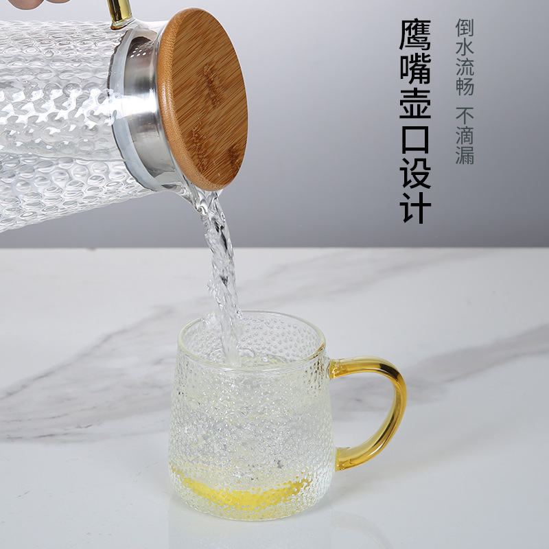 Hammer-patterned explosion-proof glass handle water cup, snow-dotted fish-scale cooling water bottle, high borosilicate heat-resistant glass tea cup handle Application Scenario