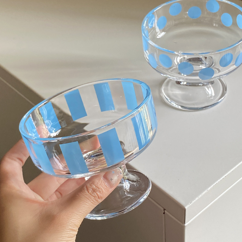 ins simple blue striped polka dot high-legged dessert ice cream cup, fresh glass cup, yogurt pudding cup Application Scenario
