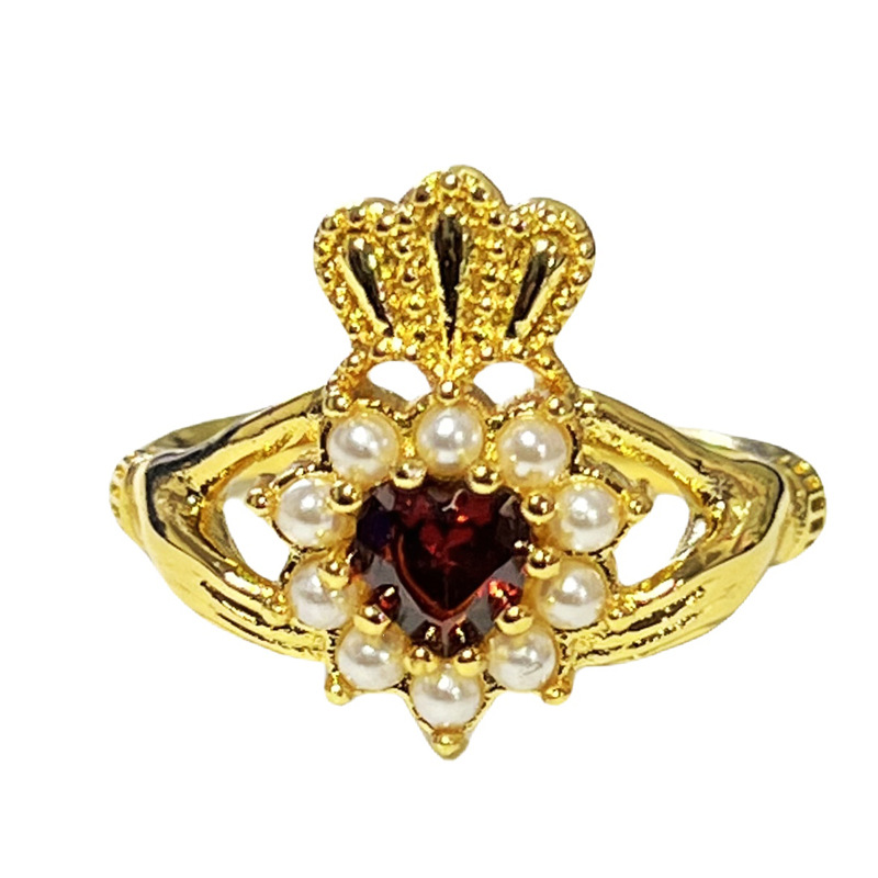 New Chinese-style imperial style light luxury pearl inlaid high-end sense ring, women's fashion crown, red diamond niche personality ring Item Picture