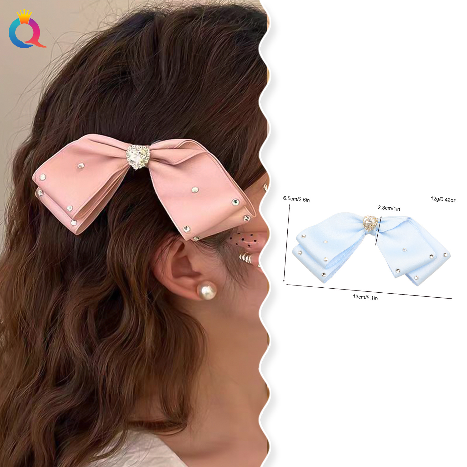Qiyue Cross-border Flash Diamond Heart-shaped Hair Clip, high-end fabric Bow duckbill Clip, Sweet bangs side Clip wholesale details Picture