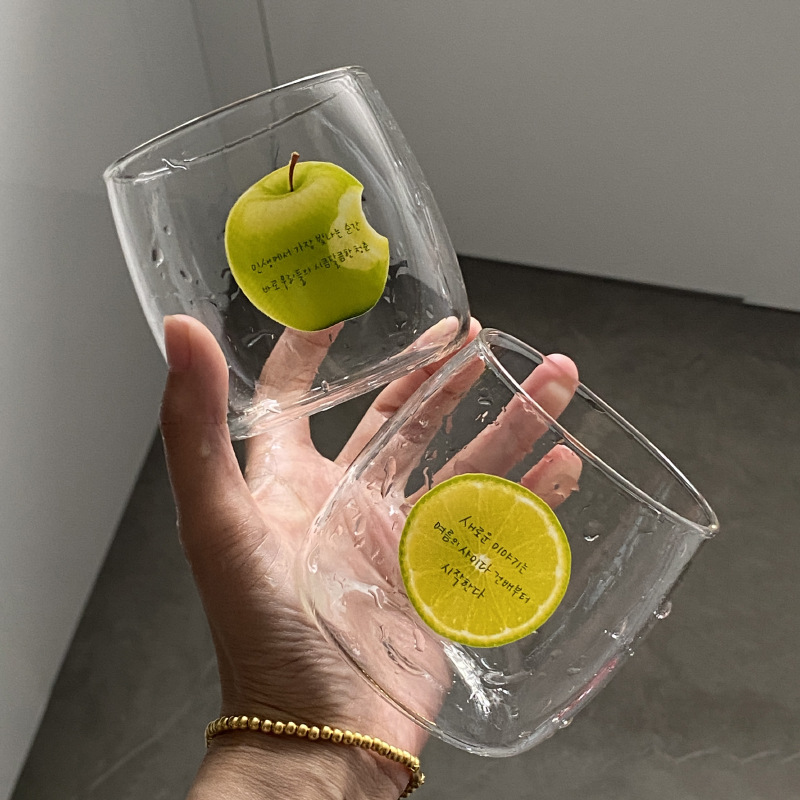 Korean ins natural style green apple lemon glass water cup, fresh and heat-resistant juice cup, simple and artistic milk cup Item Picture
