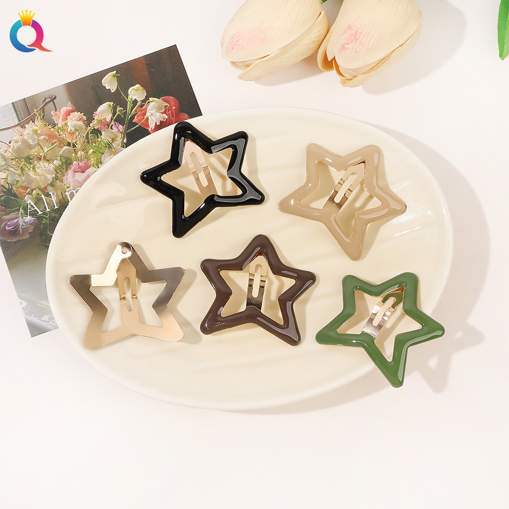 Qiyue Cross-border Oil-dropping Five-pointed Star Hair clips, broken hair bb clips, Hair clips, side clips, High-end bangs clips, hair accessories wholesale full figure