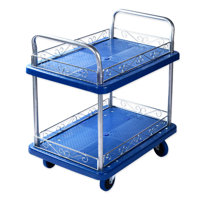 Double-layer flatbed truck, silent handcart, push truck, 3-layer four-wheel small trolley, push cart, warehouse trailer, handling vehicle Item Picture