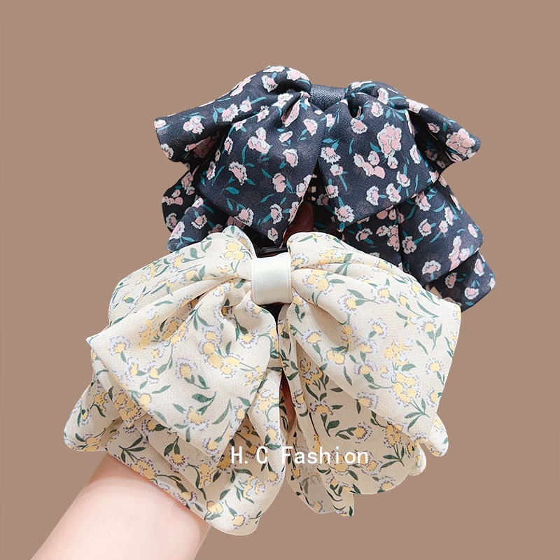 Korean spring and summer style black and white chiffon floral pinch girls' sweet and versatile bow ponytail shark clip hair accessory full figure