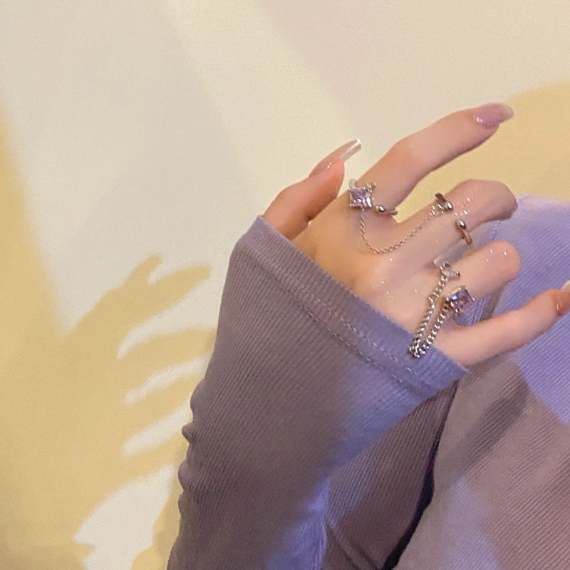 Stacked geometric square zircon sparkling diamond purple chain set open ring for women isn with a niche design sense full figure