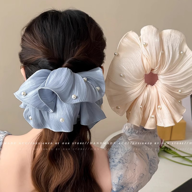 Super fairy-like large intestine hair band, women's pearl mesh hair accessory, high-end style 2025 new French large hair accessory, hair tie and headwear full figure