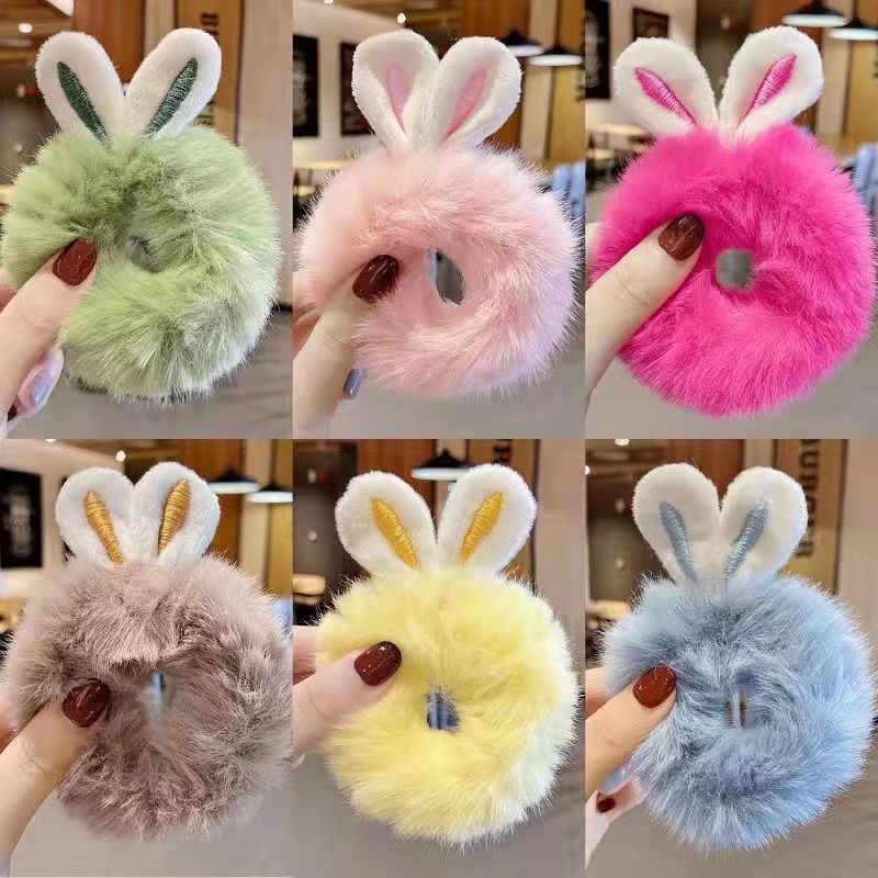 Black plush hair band, cute children's rabbit ears, fluffy hair band, large intestine hair band, popular rubber band, high elasticity full figure