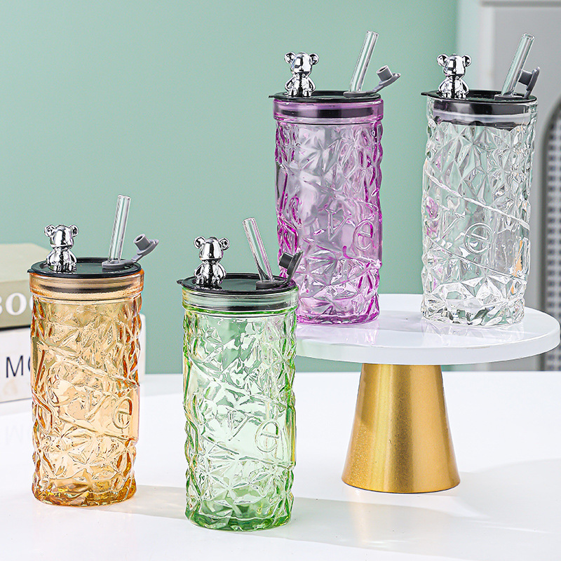 New glass straw water cup with high appearance level, bear straw cup, office home diamond cup, cute and creative cup Application Scenario