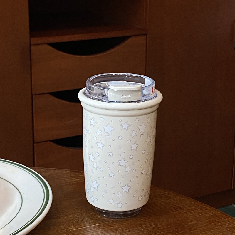 Cute starry sky coffee cup, simple large-capacity 316 stainless steel insulated cup, travel cup with dual drinking spouts Item Picture