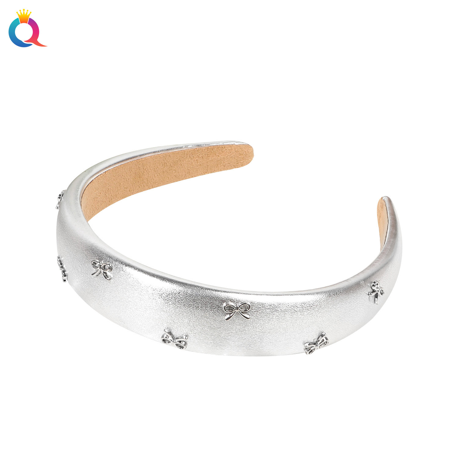 Wholesale of Qiyue silver PU sponge hair band, high-end leather facial wash hair socket, simple high head top women's headband hair accessory Item Picture