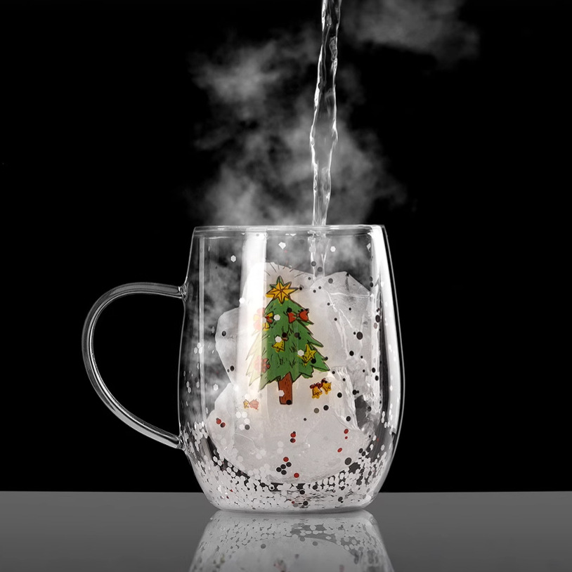 New high borosilicate double-layer insulated glass cup with Christmas cartoon pattern and sequined water cup, high-temperature resistant gift customization Specification drawing