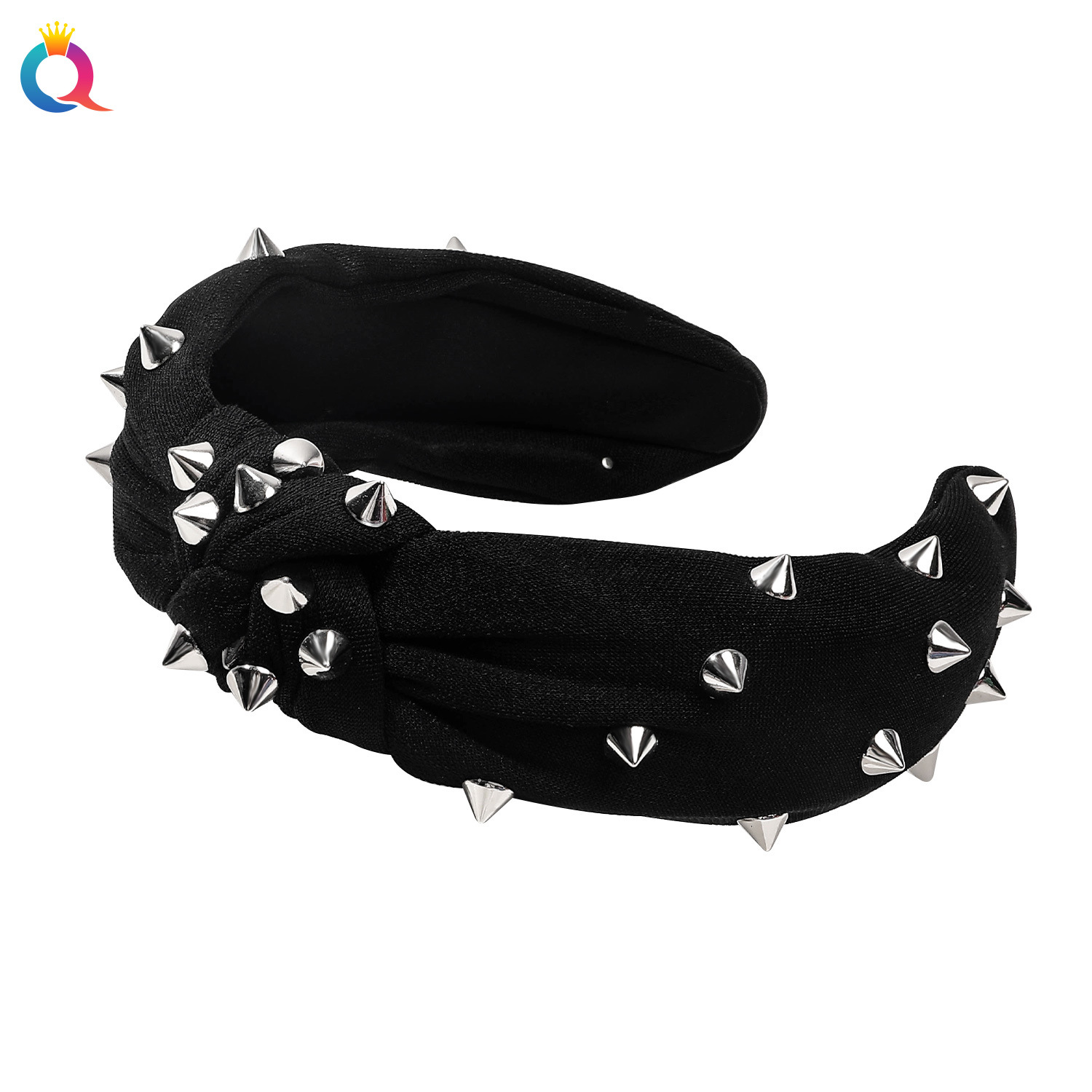 Qiyue European and American hair bands, solid-color fabric knotted headbands, high top rivets, wide edge pressed hair, high-quality hair accessories wholesale Item Picture