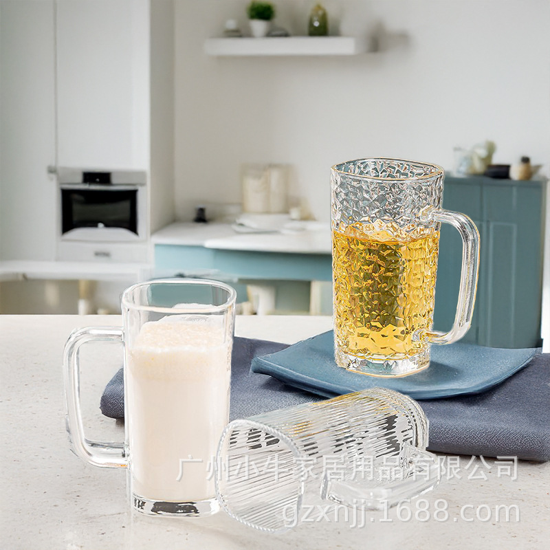 Simple style ins glass handle straight square cup, milk handle cup, beverage cup, milkshake cup, square hammer-patterned coffee cup full figure