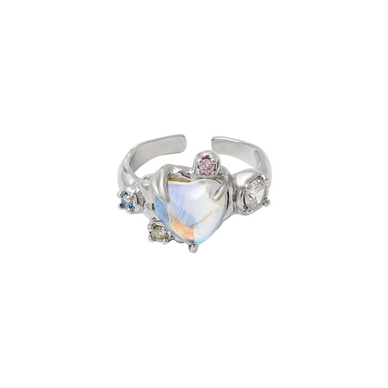 The "Ocean Heart" moonstone heart-shaped opening ring with a cold style and a spicy girl's high-end feel is a trend of light luxury rings Item Picture