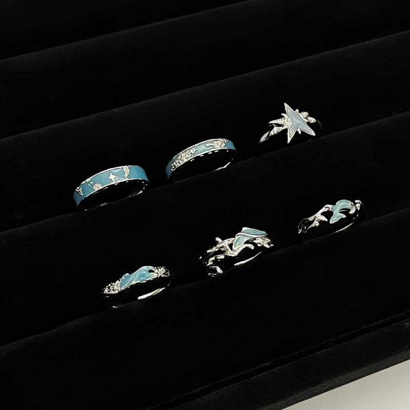The new blue glazed splash fish tail open ring with an irregular map, simple and niche, layered couple ring trend Application Scenario