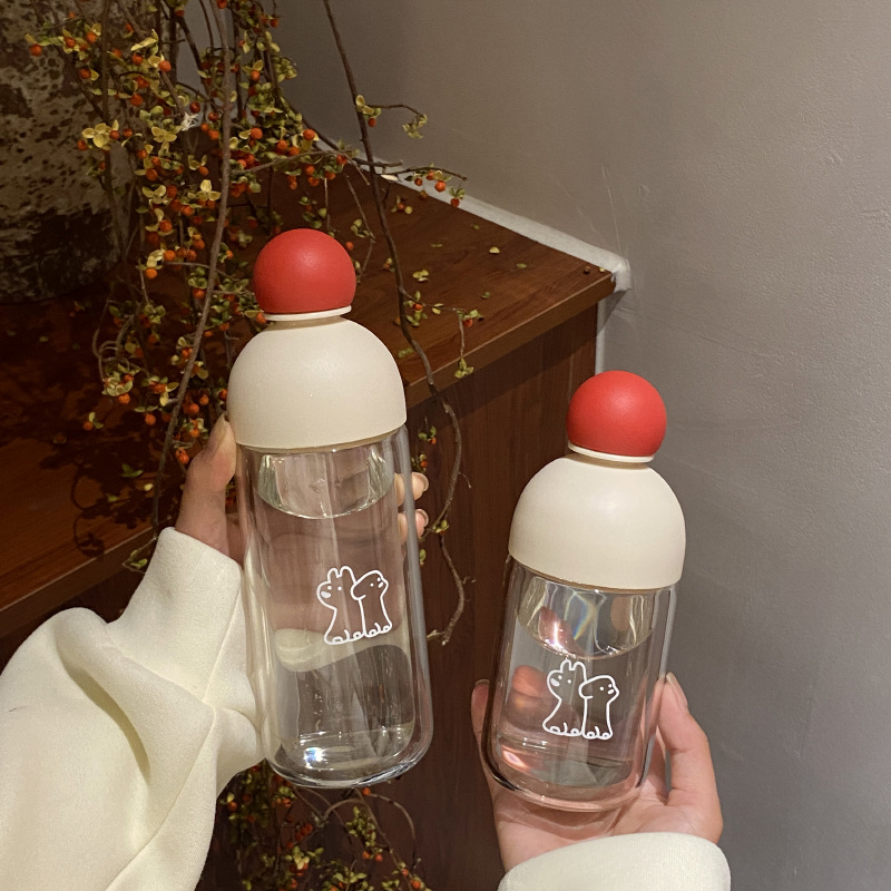A niche New Year Christmas puppy red nose double-layered glass cup, high-temperature resistant sealed water cup, car portable cup gift details Picture