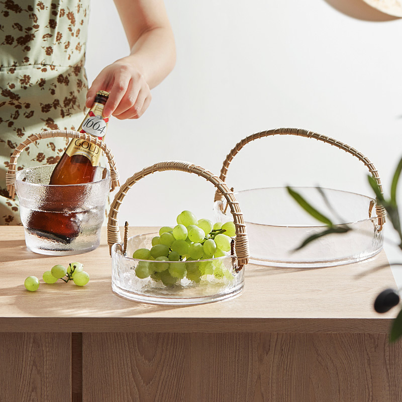 Wicker hand-held basket, Internet celebrity, high appearance level, fruit plate, living room glass storage, snack plate, ice bucket, high-end fruit basket Specification drawing