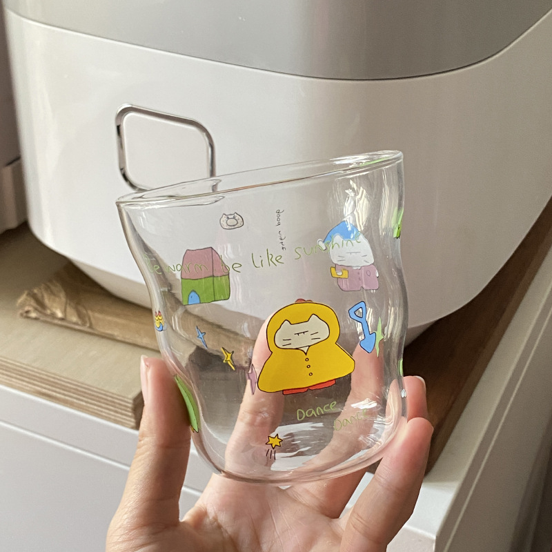 Homemade niche Instagram dozing cat irregular coffee cup, high borosilicate glass water cup, heat-resistant 325ml details Picture