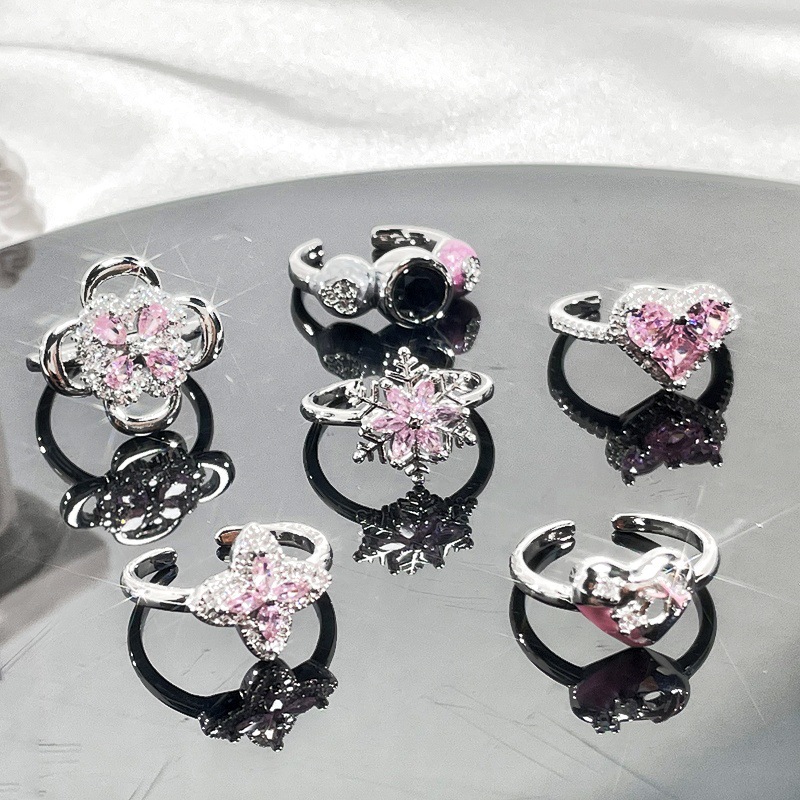 Sweet and cool, niche design, cold style, pink diamond zircon open ring, simple, fashionable and exquisite index finger ring for women details Picture