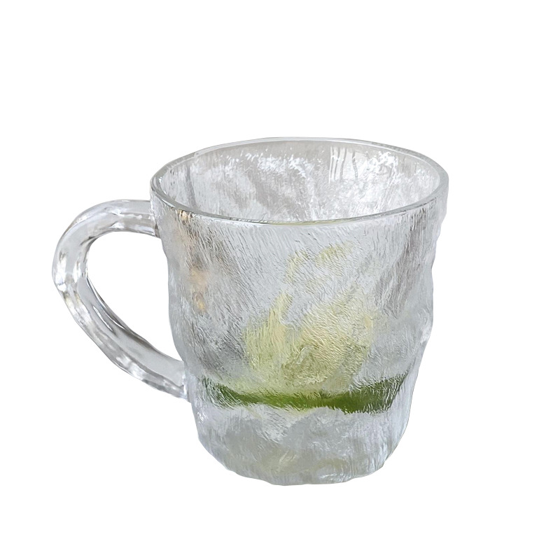 ins glacier patterned handle, high appearance level glass cup, juice cup, beverage cold drink cup, household women's drinking cup Item Picture