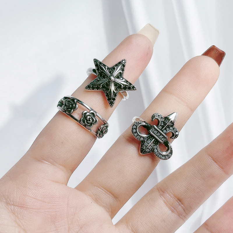 European and American niche design star cross flower retro open ring, rose androgynous style punk personality vintage ring Specification drawing