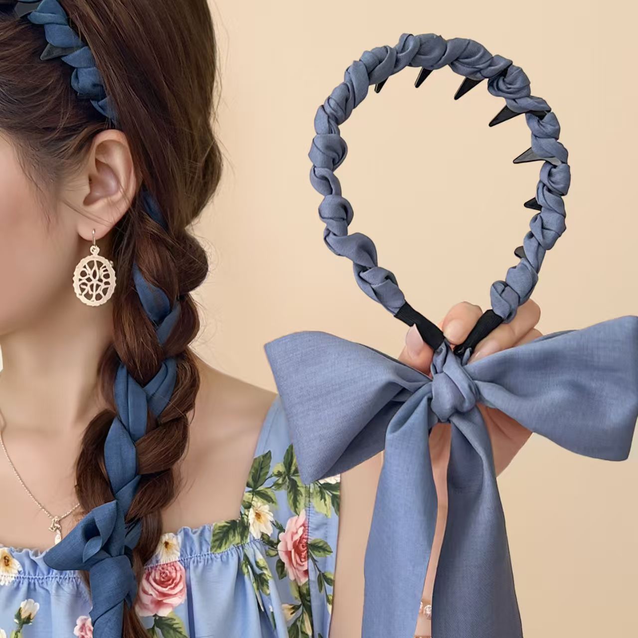 Korean retro wave ribbon headband for women 2025 new style bow brined headband for daily wear on the outside, high head band full figure